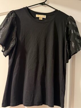 Michael Kors Black Tee with Sheer Metallic Puff Sleeves